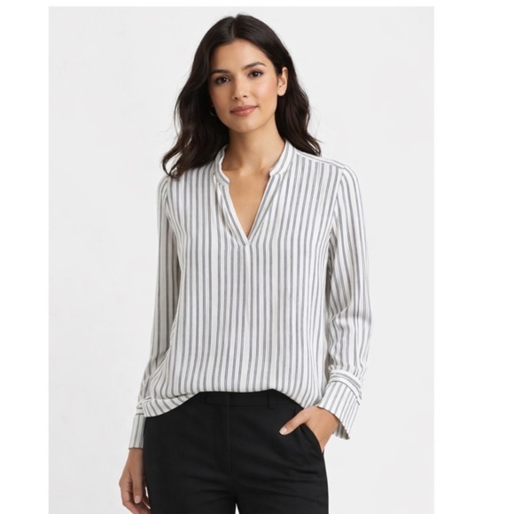 Loft White Black Striped Long Sleeve Split Neck Blouse Top M Preppy Chic 80-05‎